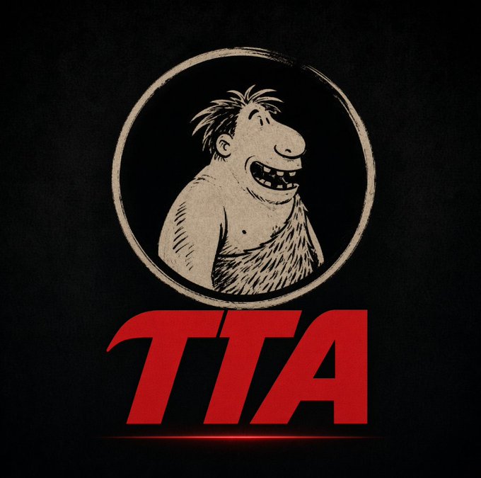 A parody logo featuring a cartoonish caveman character with messy hair and a wide grin inside a circle, above the word "TITA" in bold red stylized letters resembling a famous sports brand logo.