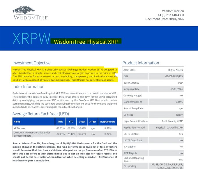 A screenshot of a webpage from Wisdom Tree with an information about physical XRP. The text is written in blue, which stands out against the white background. In the image, there are several pieces of information displayed like a summary page, details about Ripple ETP's exchange, and a product summary that might be related to investing in Ripple ETP's. Overall, it seems like the post provides some insights into physical XRP with wisdom tree as a possible investment opportunity.