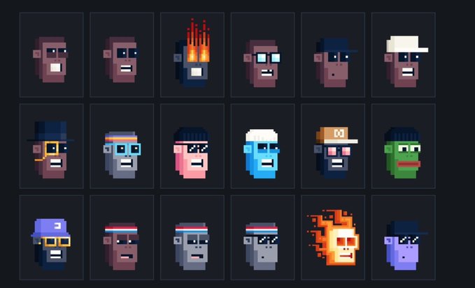 A 3x6 grid of 18 pixel-art character avatars featuring various stylized faces with different hats, glasses, and colors like purple, blue, gray, green, and one on fire.