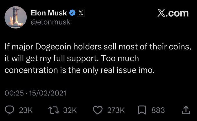 This is a screenshot of an Elon Musk tweet from February 15, 2021, where he discusses Dogecoin concentration, implying it represents the "peak of CT" (Crypto Twitter) and the peak of his influence on Dogecoin.