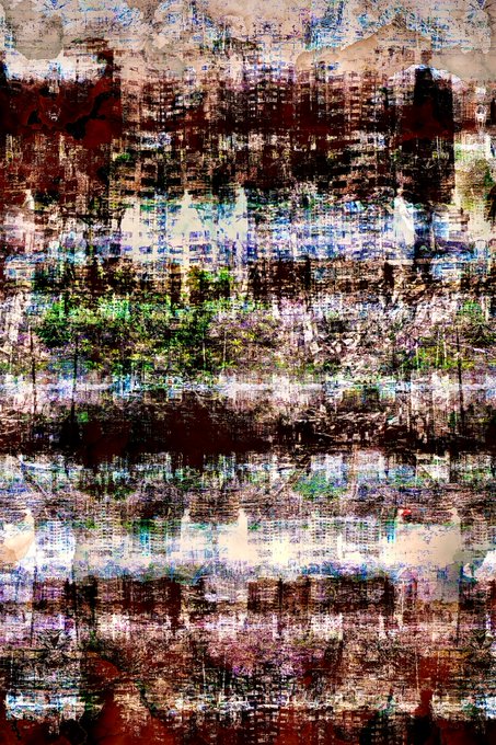 A glitchy, vertically-streaked abstract digital artwork with heavy pixelation, distortion, and chromatic color noise in dark reds, blues, greens, and whites. The chaotic, fragmented visual mirrors the post's sense of crisis and disruption, as the author redirects their savings into Tezos (XTZ) to fund pet food relief for missing dogs and cats affected by the disaster.