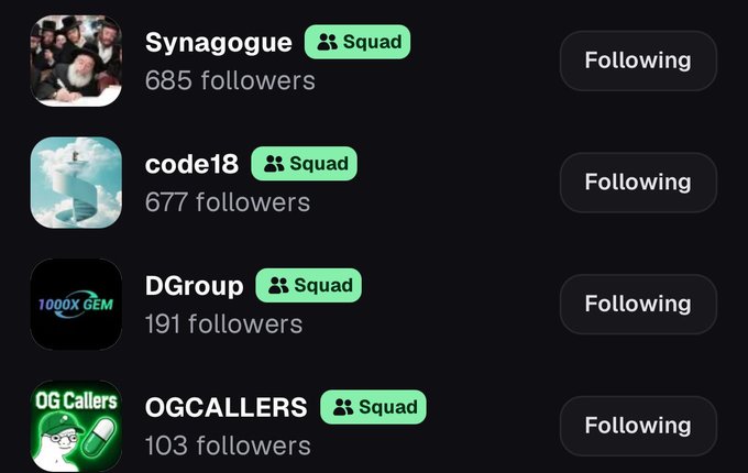 A screenshot of a Spotify-like app showing a list of 'Squad' groups being followed, including 'Synagogue' (685 followers), 'code18' (677 followers), 'DGroup' (191 followers), and 'OGCALLERS' (103 followers).