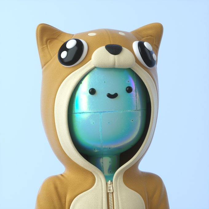 A 3D render of a cute character with a shiny blue iridescent face wearing a tan Shiba Inu (doge) hooded costume with large cartoon eyes.