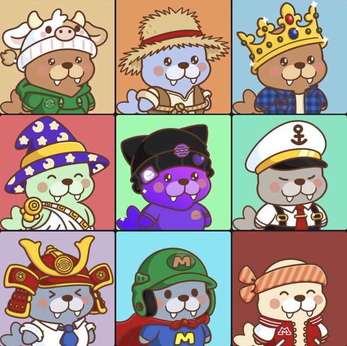A 3x3 grid of cartoon bear characters dressed in various costumes, including a wizard, a samurai, a king, a sailor, and a Mario-like figure.