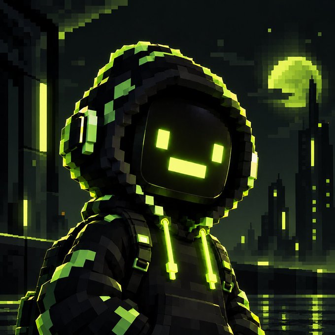 A pixelated digital artwork of a hooded figure with a glowing green digital face and neon green accents, set against a dark, blocky cyberpunk cityscape with a green moon.