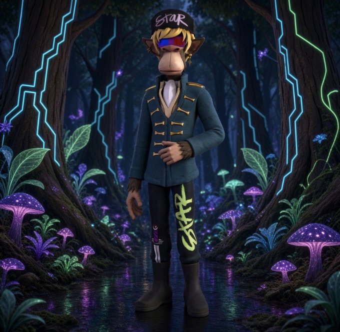 A 3D-rendered character of an ape wearing a "STAR" cap, blue military-style jacket with gold accents, black pants with neon green graffiti, standing in a glowing cyberpunk forest.