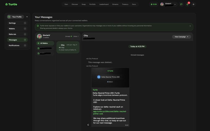 A dark-themed messaging dashboard for Turtle platform showing a conversation between KiarianV and City about Delta-Neutral Prime USD and incentives via protocol.