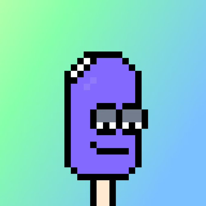 A pixel art illustration of a purple popsicle character wearing sunglasses on a stick, set against a green and blue gradient background.