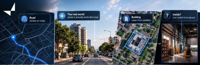 An infographic explaining a visual search technology that transitions from a 'Road' on a map, to 'The real world', to a 'Building' seen from satellite, to the 'Inside?' of the structure.