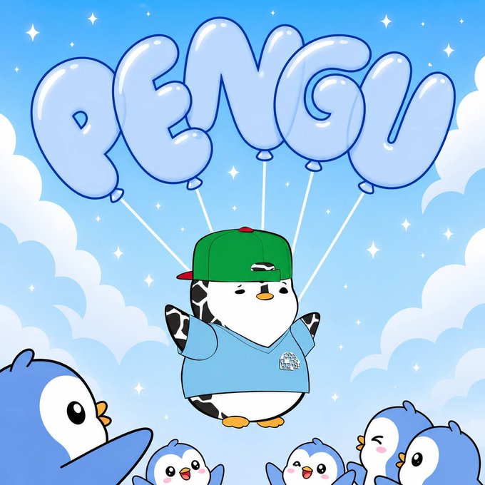 A cute cartoon illustration of a penguin wearing a green cap and blue t-shirt being lifted by 'PENGU' letter balloons against a cloudy blue sky, with smaller penguins watching from below.
