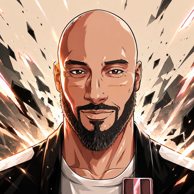 A comic-book style illustrated portrait of a bald man with a goatee and beard, wearing a dark jacket over a white shirt, set against a dramatic background of exploding shards and bright light rays.