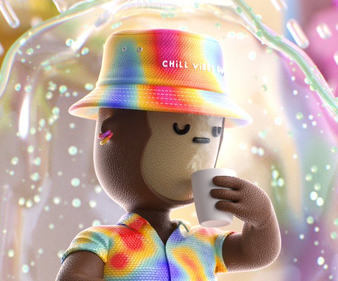 A plush character wearing a tie-dye bucket hat labeled "CHILL VIBES ONLY" sips from a cup against a dreamy, pastel bubble background, matching the post's relaxed Vibetown aesthetic and tie-dye HKM collectible theme.