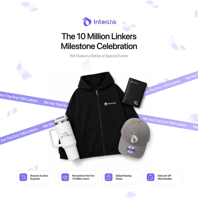 A promotional image for 'InterLink' titled 'The 10 Million Linkers Milestone Celebration', displaying merchandise including a black hoodie, tumbler, wallet, and cap with '10M' logos.