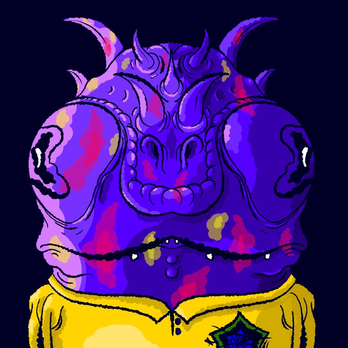 A purple digital illustration of a horned creature or monster with large eyes, horns, and fangs, wearing a yellow shirt against a dark background.