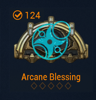 The image shows an in-game item called "Arcane Blessing" with a cost of 124 (likely a currency), depicted as an ornate gold and cyan magical artifact. It relates to the post about spending Thrax Plasm on Blessings, as the item appears to be the type of gamble-style reward being pursued for Vosfor.