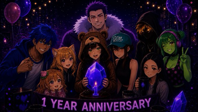 An anime-style anniversary illustration celebrating '1 YEAR ANNIVERSARY' shows a diverse group of colorful characters posing together at a nighttime party with balloons, string lights, and a glowing blue crystal centerpiece.