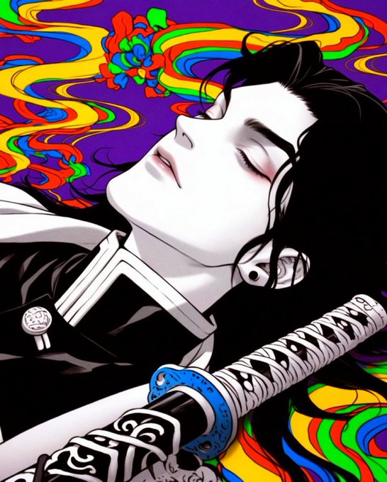 A stylized anime illustration of a dark-haired character with closed eyes holding a katana sword, set against a vibrant psychedelic background of swirling rainbow colors.
