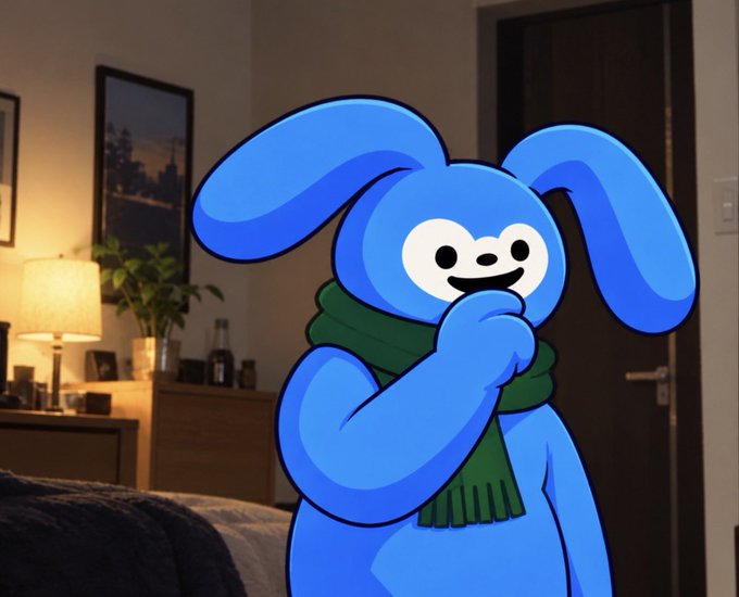 A cartoon blue rabbit character wearing a green scarf stands thoughtfully with its paw to its chin in a cozy, dimly lit bedroom setting.