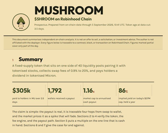 A prospectus for the $SHROOM token on Robinhood Chain, highlighting key metrics including $305k paid to holders in MU, 1,792 wallets receiving payouts, and a 1.16x market cap to annualized cash payout multiple—directly supporting the post's claim that $SHROOM trades at a cheaper revenue multiple than comparable tokens like $PONS and $PUMP.