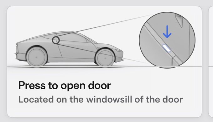 An instructional graphic for a car showing how to open the door, with the text "Press to open door" and "Located on the windowsill of the door," accompanied by an arrow pointing to the release button.