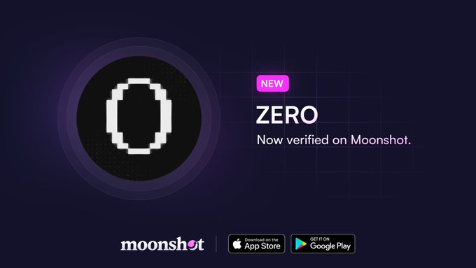 The image features a purple circle with a white "O" inside, which is the main focus of the image. The background of the image is dark blue, providing contrast for the white "O". Below this, there are two lines of text that read "New ZERO" and "Now Verified on Moonshot", indicating that the post has been published or confirmed by the creator of the image.