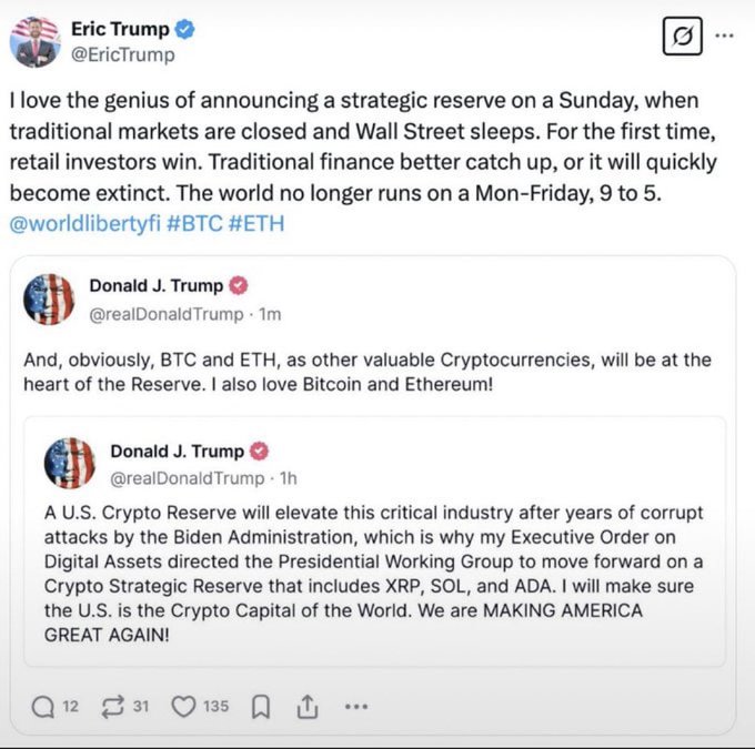 A screenshot of a tweet from Eric Trump (@EricTrump) quoting Donald J. Trump, discussing the announcement of a U.S. Crypto Strategic Reserve that includes BTC, ETH, XRP, SOL, and ADA.