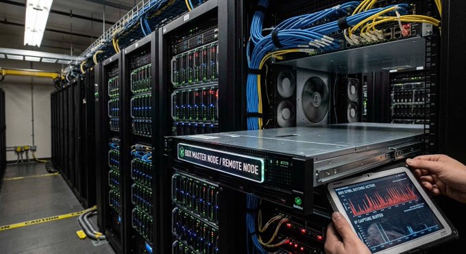 A data center/server room image showing rack-mounted equipment labeled 'BSV MASTER NODE / REMOTE NODE,' with a person using a tablet displaying node activity charts and LuupDate statistics.