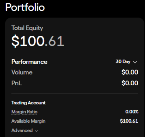 The image shows a portfolio dashboard on what appears to be a trading platform (Ondo), displaying a Total Equity of $100.61 with zero trading volume and PnL over a 30-day period, along with a 0.00% margin ratio and $100.61 available margin. This supports the post's claim that users who previously traded on Hyperliquid received an airdrop of approximately $100 (100U) credited to their Ondo trading account.