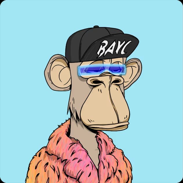 A cartoon illustration of a Bored Ape-style monkey wearing a 'BAYC' cap, blue sunglasses, and a pink furry coat against a blue background.