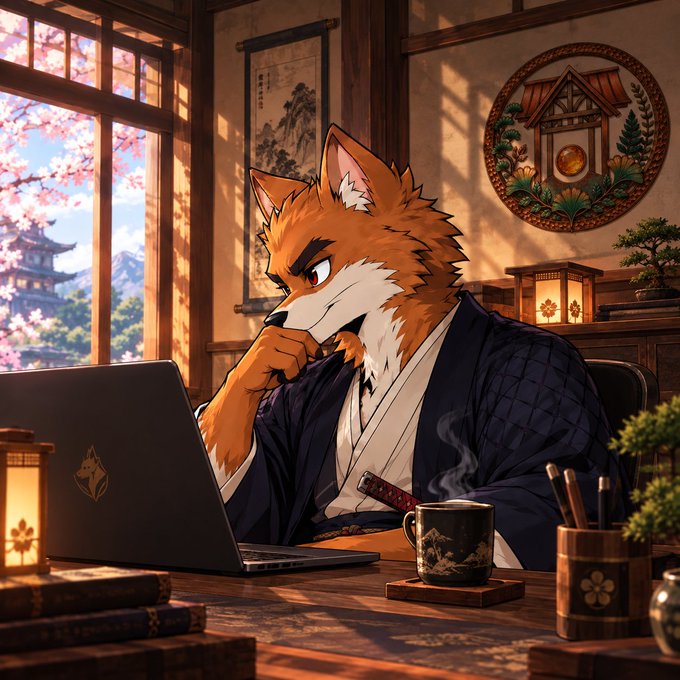 An anime-style illustration of an anthropomorphic orange fox character wearing a dark blue kimono, sitting at a desk with a laptop in a traditional Japanese room with cherry blossoms visible outside.
