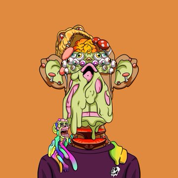 A cartoonish illustration of a green multi-eyed creature with mushrooms growing on its head and colorful drool, set against an orange background.