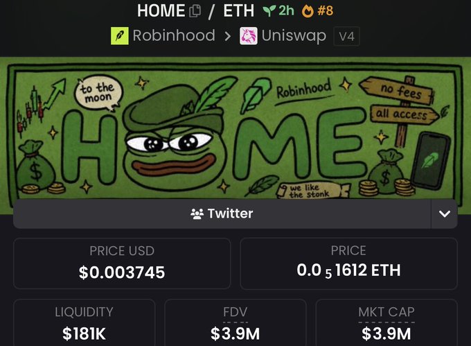 A cryptocurrency token page for 'HOME' showing a Robinhood-themed Pepe meme banner, with a price of $0.003745 USD (0.00051612 ETH), $181K liquidity, and a $3.9M market cap.