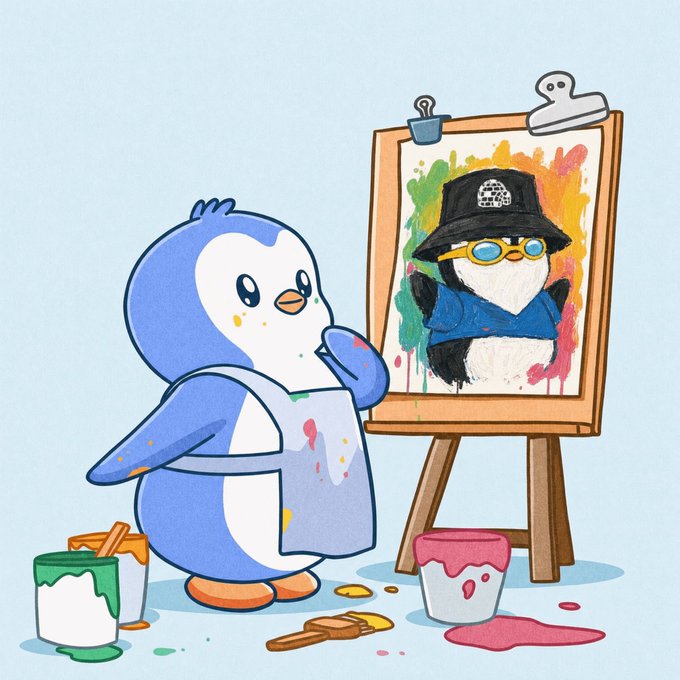 A cartoon illustration of a blue penguin wearing an apron, holding a paintbrush and looking at a colorful painting of a penguin wearing sunglasses and a bucket hat on an easel, with paint buckets scattered around.