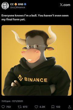 A confident cartoon bull wearing glasses and a black "BINANCE" hoodie represents CZ (BNB), with the caption declaring "Everyone knows I'm a bull. You haven't even seen my final form yet," posted on 12/11/2021 to celebrate BNB's bullish peak era.