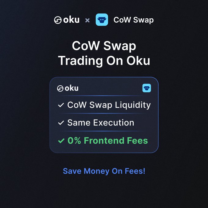 "Trade with CoW SWAP, on Oku. CoW Protocol batches your order and settles it MEV-protected — so you keep the value bots would skim from a normal swap. Same CoW liquidity. Best execution. Zero frontend fees."
