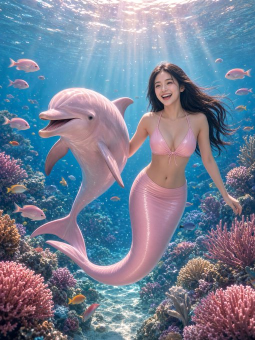 A fantasy illustration of a smiling young woman with long dark hair, wearing a pink bikini top and a pink mermaid tail, swimming underwater alongside a pink dolphin amid colorful coral reefs and tropical fish.