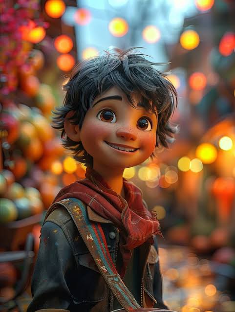 The image features a cartoon boy with a red scarf around his neck, wearing a backpack and smiling at the camera. The background includes a market scene filled with various fruits such as apples and oranges. There are also lights shining brightly in the background, adding depth and atmosphere to the scene. The caption for this image reads: "June is set to be a month full of wins and new opportunities for all of us".