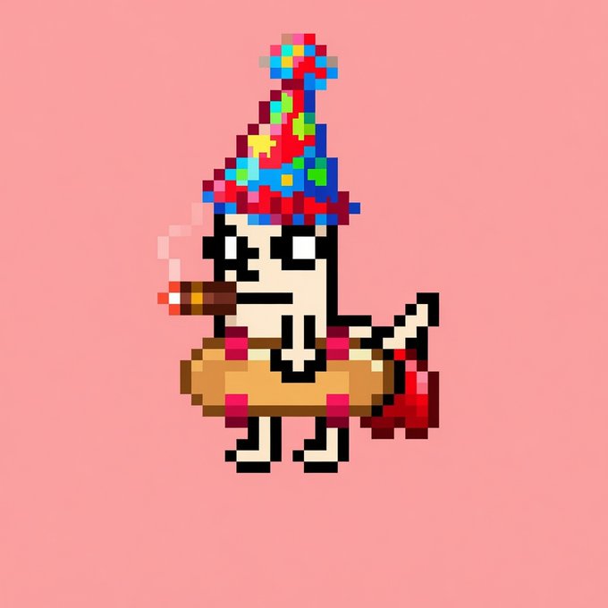 Pixel art illustration of a white skeletal character wearing a tall, colorful, pixelated party hat and a beige life preserver, smoking a cigarette against a pink background.