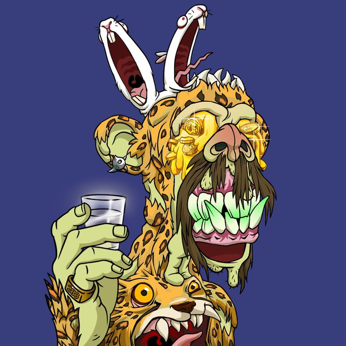 A surreal cartoon illustration of a yellow leopard-print creature with multiple heads, including one with bug eyes, a mustache, and green teeth, and bunny-like ears, holding a glass of what appears to be whiskey against a blue background.