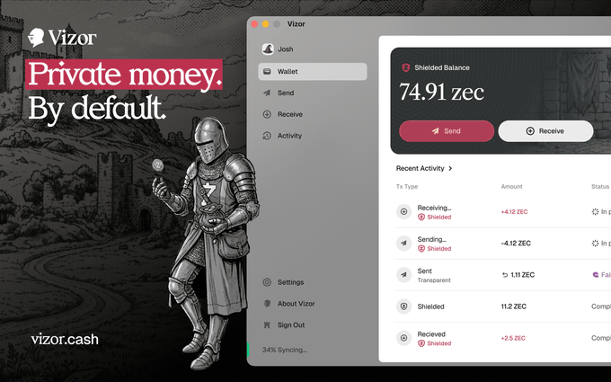 A desktop advertisement for "Vizor" promotes "Private money. By default." alongside an illustration of an armored knight, showing a wallet interface with a shielded balance of 74.91 ZEC at vizor.cash.
