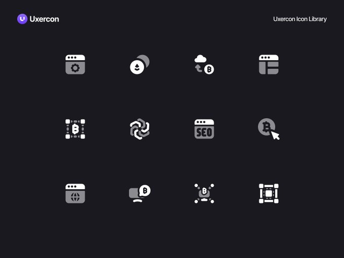 An icon library titled 'Uxercon' displaying various UI icons including browser windows, cryptocurrency symbols, cloud sync, SEO, and design tools on a dark background.