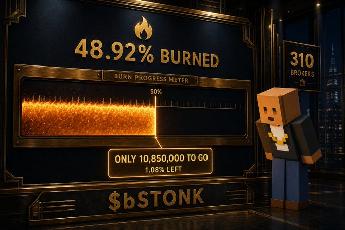 A promotional graphic for $bSTONK featuring a Minecraft-style character next to a burn progress meter showing 48.92% burned with only 10,850,000 tokens remaining (1.08% left), labeled '310 BROKERS' at the top.
