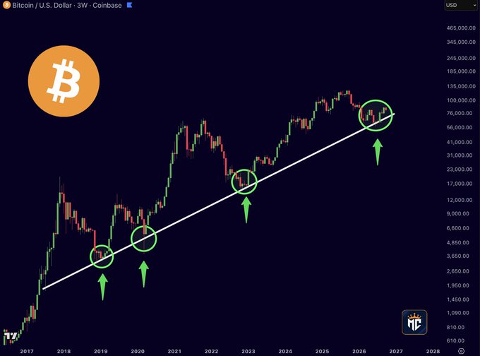 A Bitcoin/USD weekly Coinbase chart from 2017 through 2028 displays a long-term upward trendline with five green arrows and circles highlighting key historical support bounces in 2019, 2020, 2022, and 2026, where prices consistently found support near the $12,000–$31,000 range. The chart illustrates the post's claim that Bitcoin has bounced from this legendary support line, suggesting the next leg higher could take prices above the $100,000 level visible on the price axis.