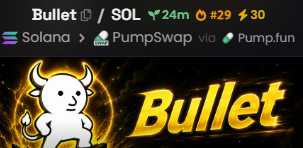 A promotional graphic showing 'Bullet' token on Solana with '24m' market cap, '#29' rank, and '30' mentions, displayed via PumpSwap via Pumpfun, featuring a fiery horned devil character and the word 'Bullet' in glowing gold letters.