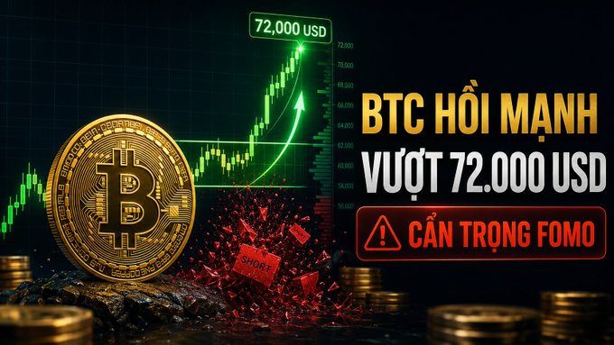 A cryptocurrency graphic showing a gold Bitcoin coin with a green rising chart reaching 72,000 USD, accompanied by Vietnamese text 'BTC HỒI MẠNH VƯỢT 72.000 USD' and a warning 'CẨN TRỌNG FOMO' (caution against FOMO).