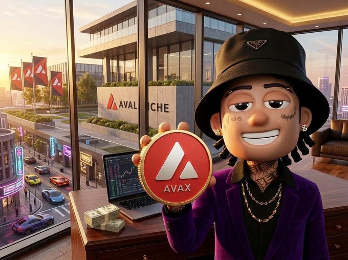 3D cartoon-style character wearing a Prada bucket hat holding an AVAX token, with Avalanche branding visible on a building in the background