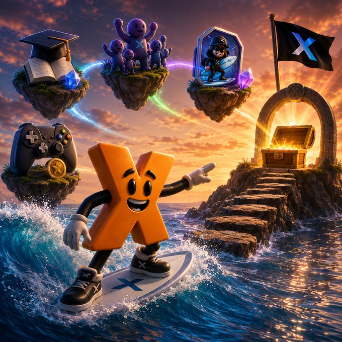 A 3D-rendered orange cartoon character shaped like the letter "X" surfs a wave while pointing toward a treasure chest on a distant island, with floating platforms displaying a graduation cap, pink creatures, a hooded figure, and a game controller against a sunset sky.