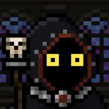 A pixel art rendering of a dark red hooded character with glowing yellow eyes and a small red gem necklace, accompanied by a small skull-headed staff figure to the left, set against a dark background.