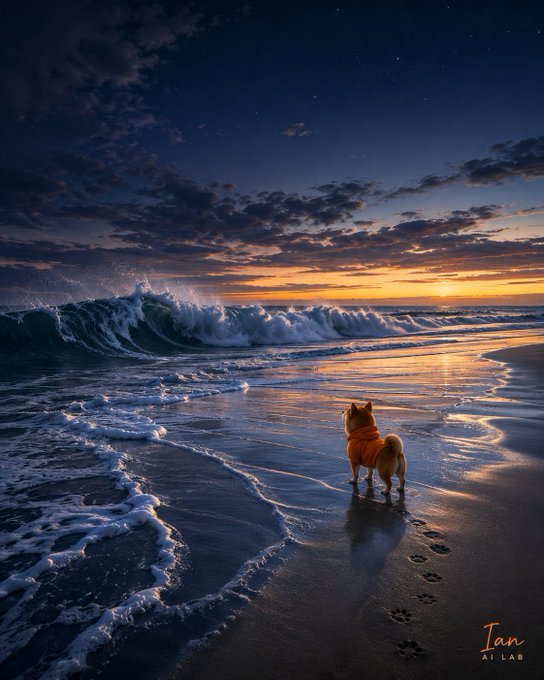 A small dog in an orange sweater stands on a beach at sunset, watching ocean waves.