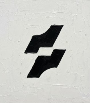 A stylized black logo resembling the letter 'S' or a geometric symbol mounted on a textured white wall.